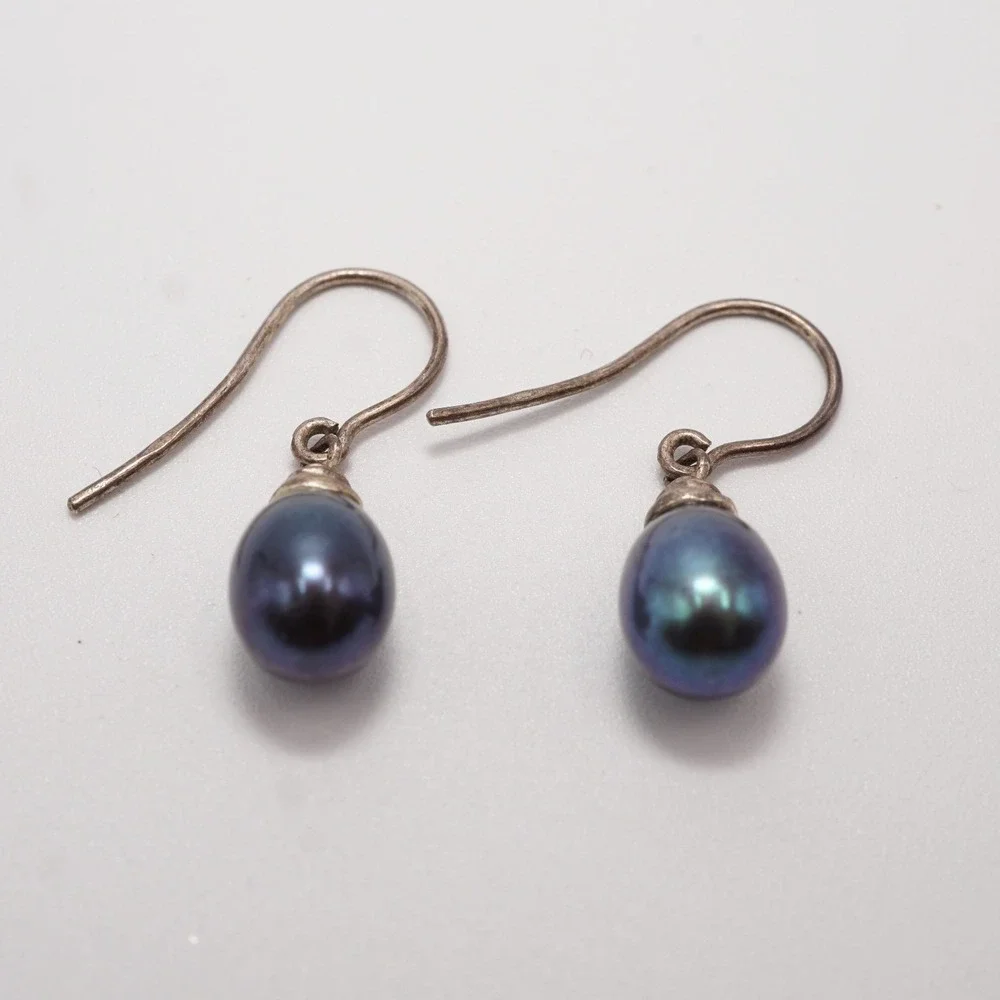 Sterling Silver Peacock Black Pearl Drop Earrings Iridescent Dangle French Wire